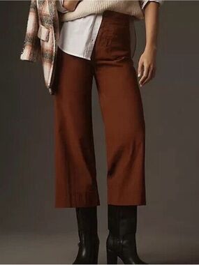 Anthropologie Maeve Wide-Leg Colette Cropped Pants in cinnamon brown.